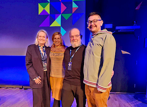 Josh Komangapik with CAFF colleagues (Inge Thaulow, former CAFF Chair; Lauren Divine, Aleut International Association; Donald McLennan, CBMP Canada) at the Ecosystems Approach conference in Tromso Norway, April 2024 © Courtney Price Josh Komangapik with CAFF colleagues (Inge Thaulow, former CAFF Chair; Lauren Divine, Aleut International Association; Donald McLennan, CBMP Canada) at the Ecosystems Approach conference in Tromso Norway, April 2024