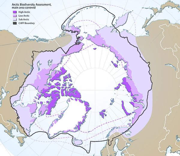 Arctic freshwater boundaries from the Arctic CouncilR17;s Arctic Biodiversity Assessment developed by CAFF, showing the three sub-regions of the Arctic, namely the high (dark purple), low (purple) and sub-Arctic (light purple), and the CAFF boundary (grey line).